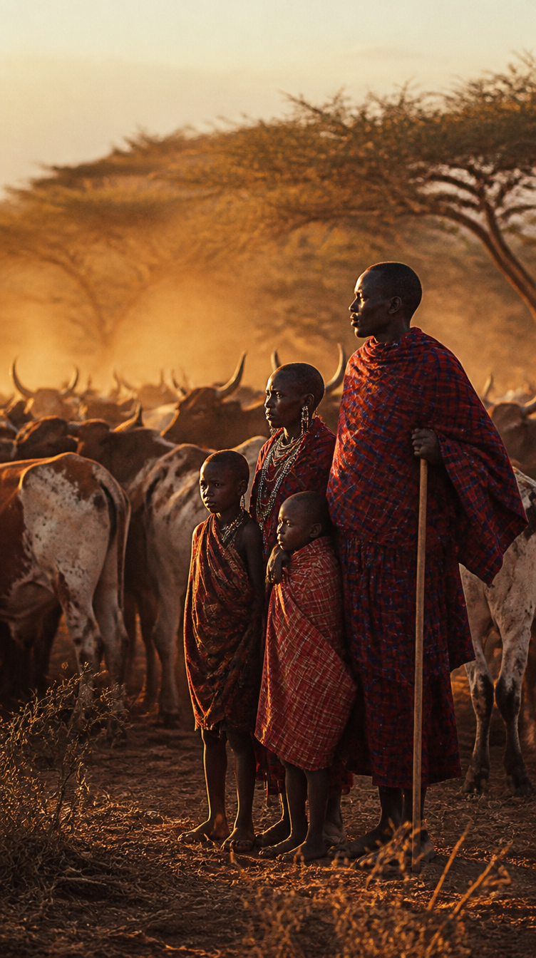 A Maasai family beside their cattle herd at golden hour