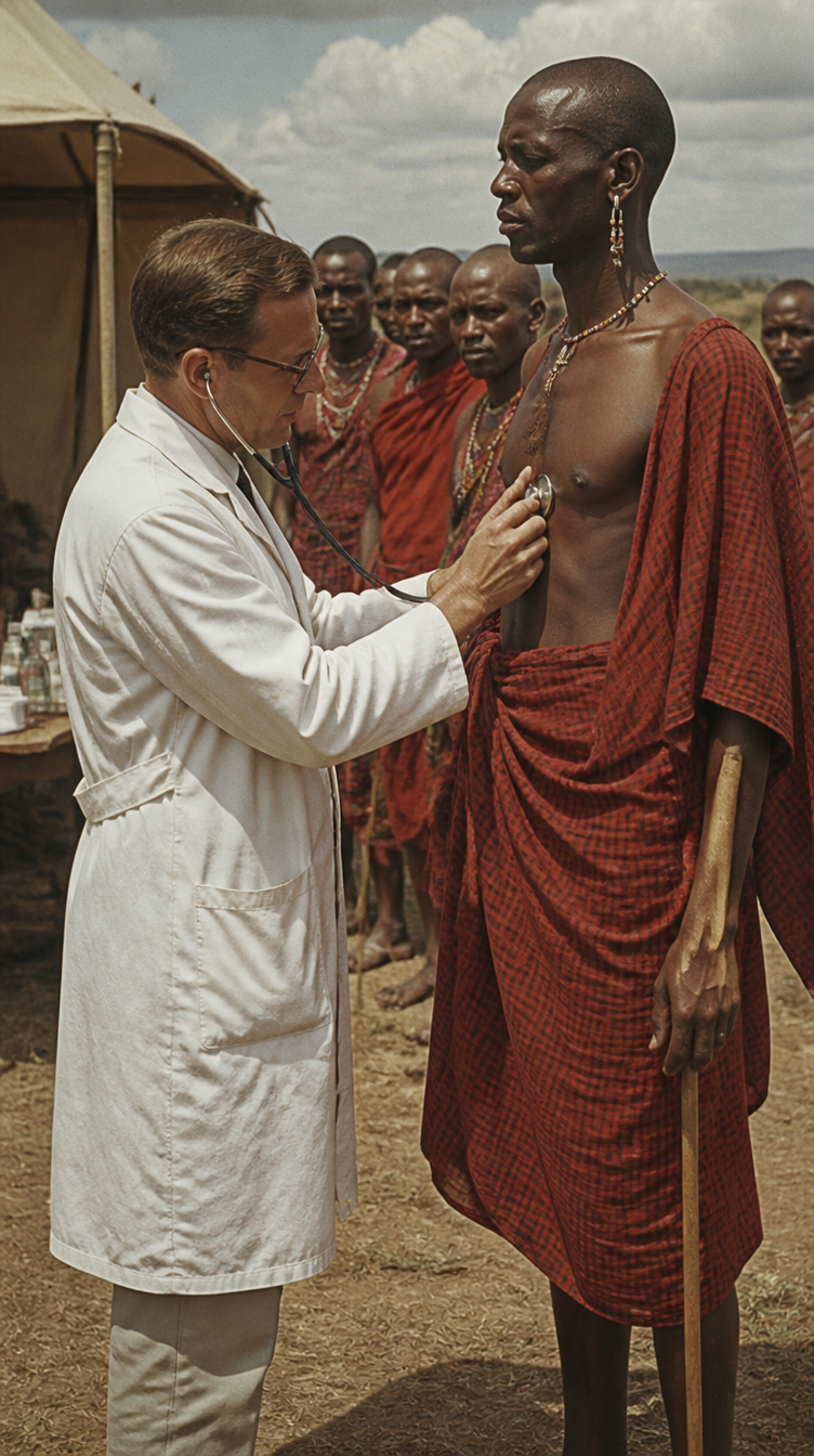 A 1960s doctor examining a Maasai warrior at a field clinic