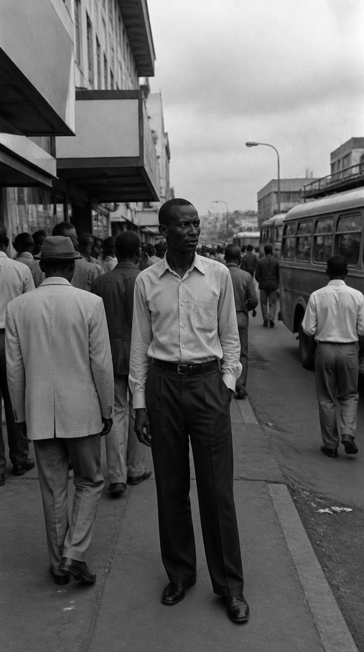 A Maasai man in western clothes on a 1970s city street