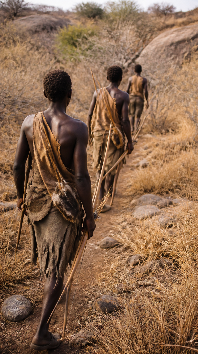 Hadza hunters walking through dry bushland with bows