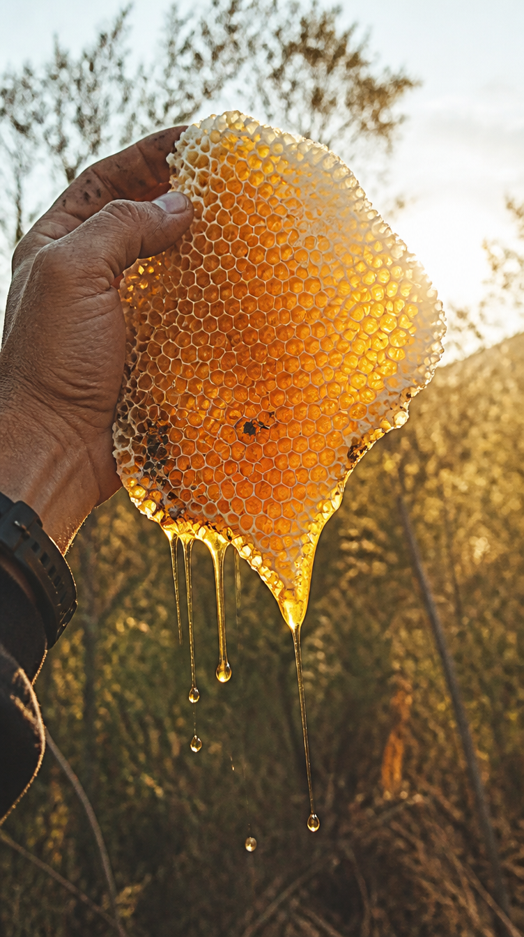 A hand holding dripping wild honeycomb against the sun