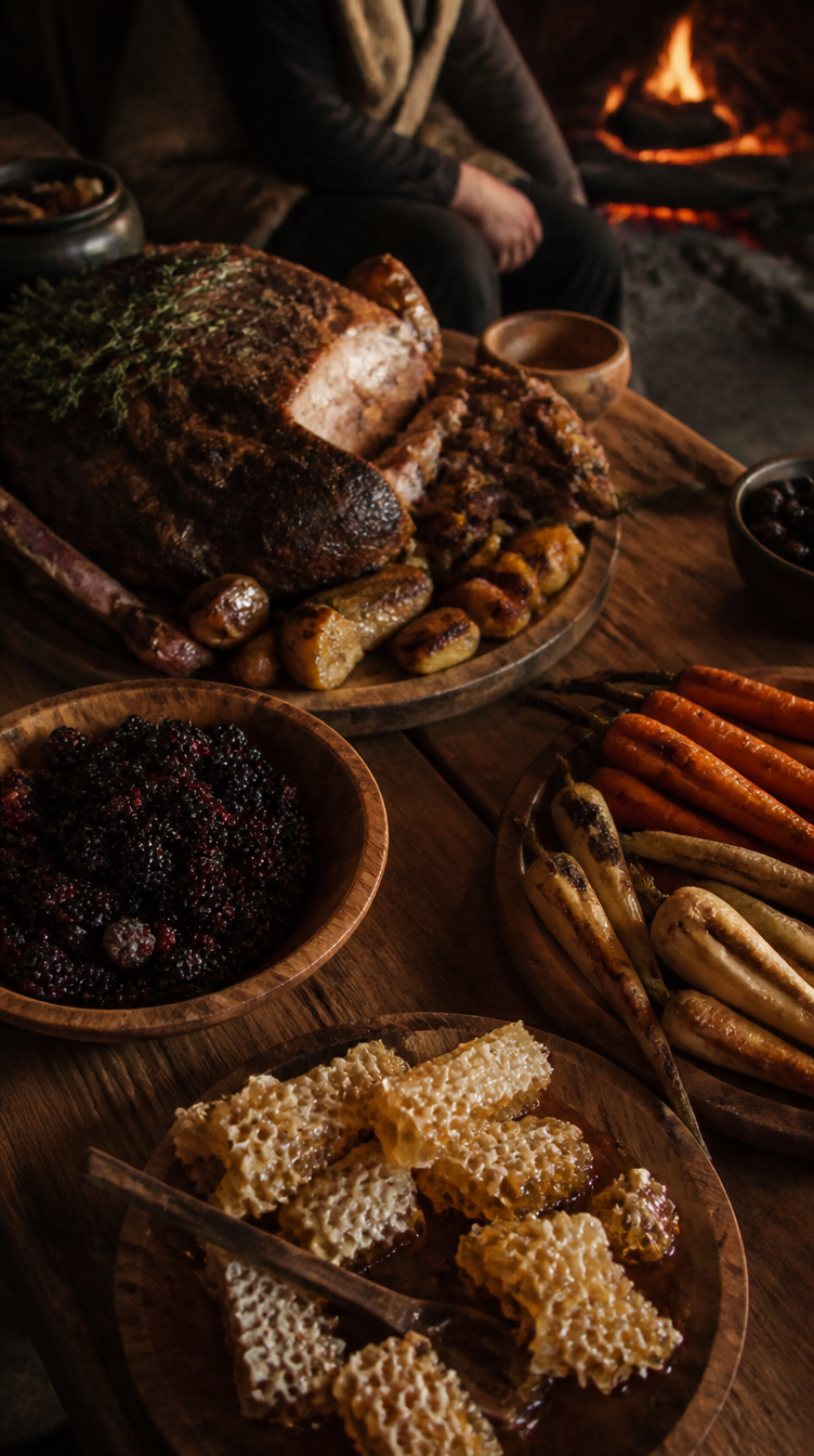 A wooden table spread with honeycomb, berries, meat and roots in firelight