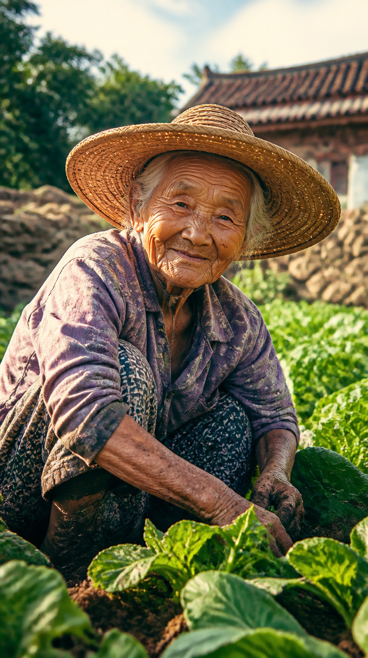 An Okinawan elder working a vegetable field in their nineties
