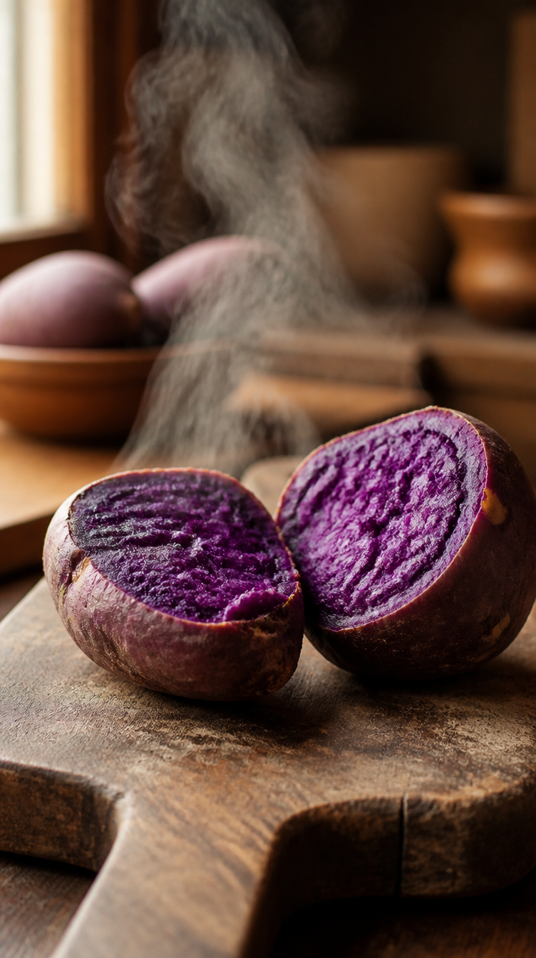 Halved purple Okinawan sweet potatoes