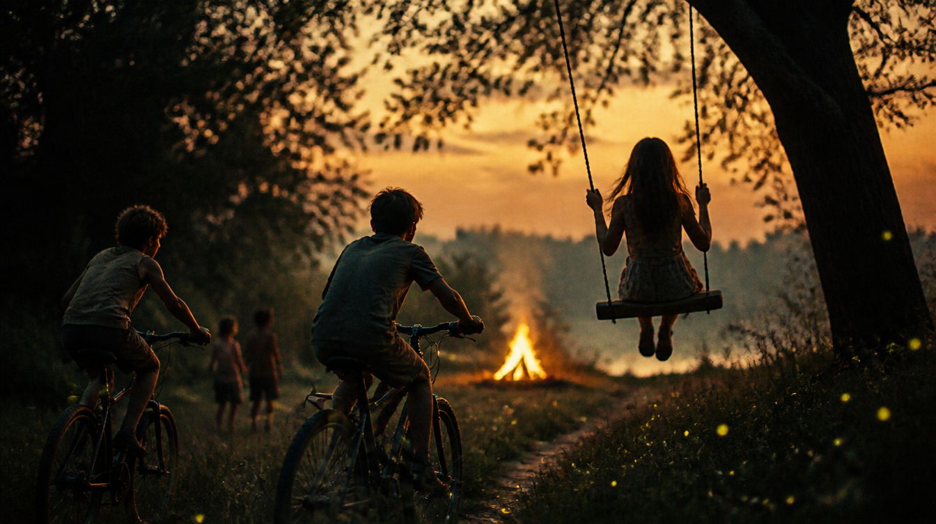 Children playing outside at dusk: bikes, a rope swing and a distant bonfire
