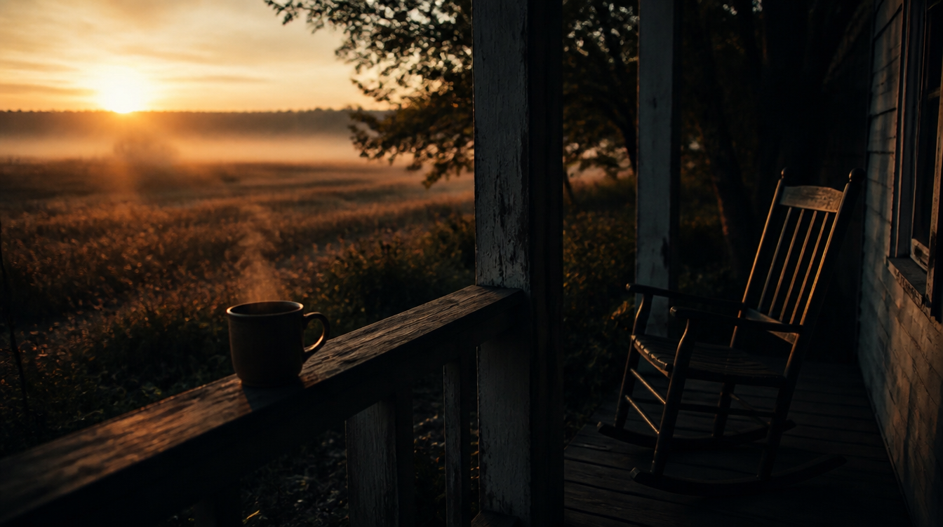 A steaming coffee mug on a weathered porch railing at sunrise