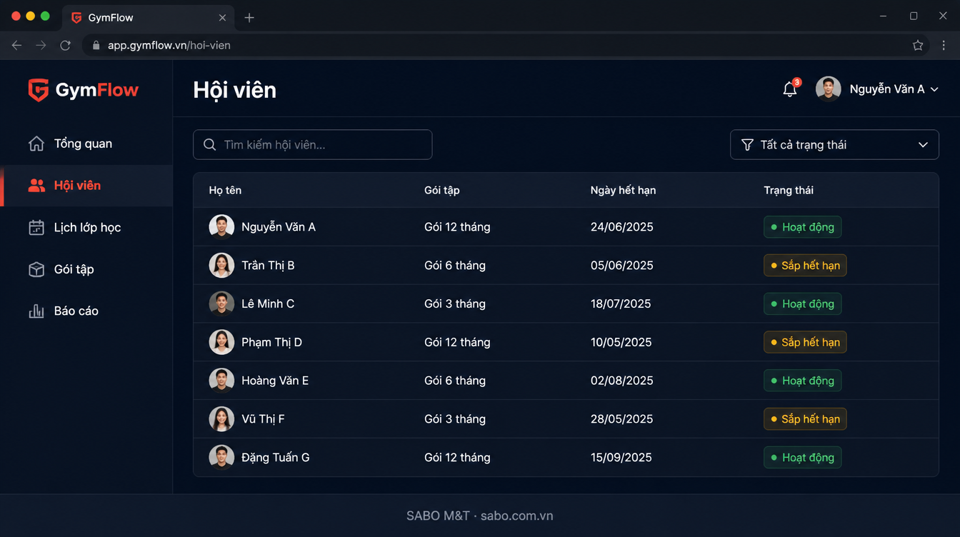Giao diện web phòng gym — màn 7