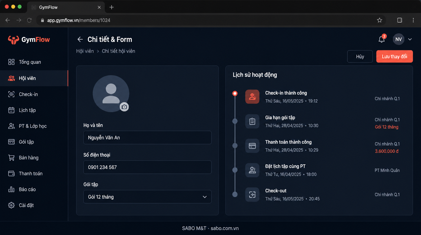 Giao diện web phòng gym — màn 8