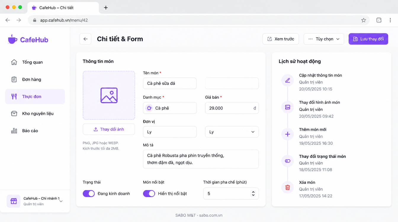 Giao diện web quán cà phê — màn 8