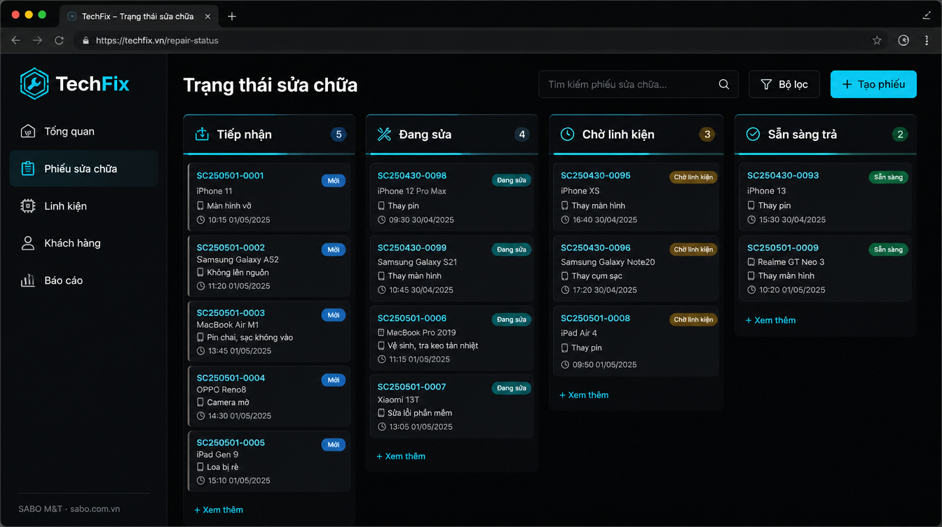 Giao diện web sửa chữa điện thoại – điện tử — màn 9