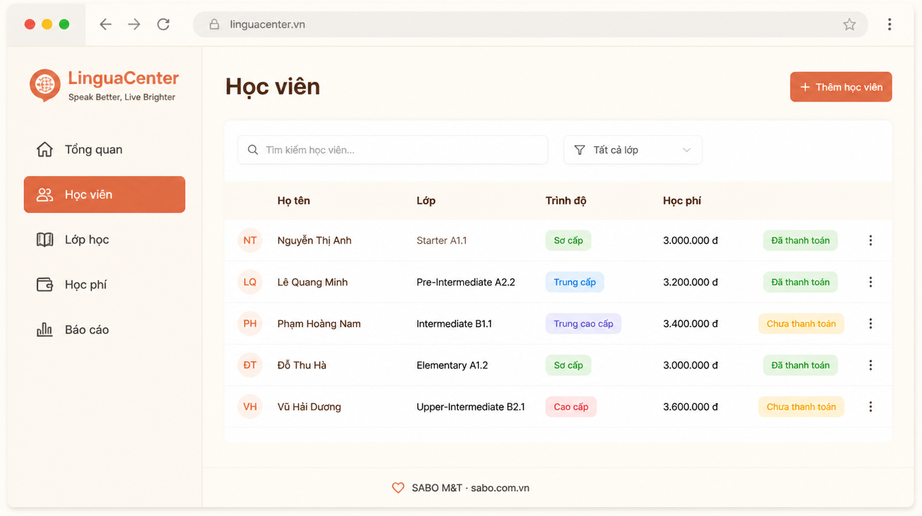 Giao diện web trung tâm ngoại ngữ — màn 7