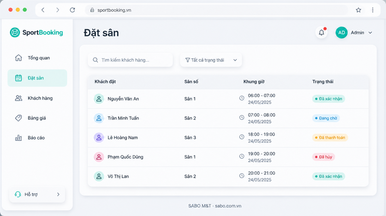 Giao diện web sân thể thao cho thuê — màn 7