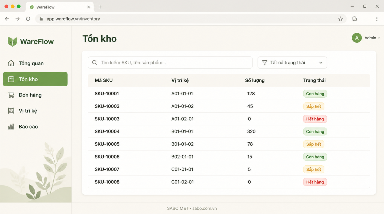 Giao diện web kho hàng thương mại điện tử — màn 7