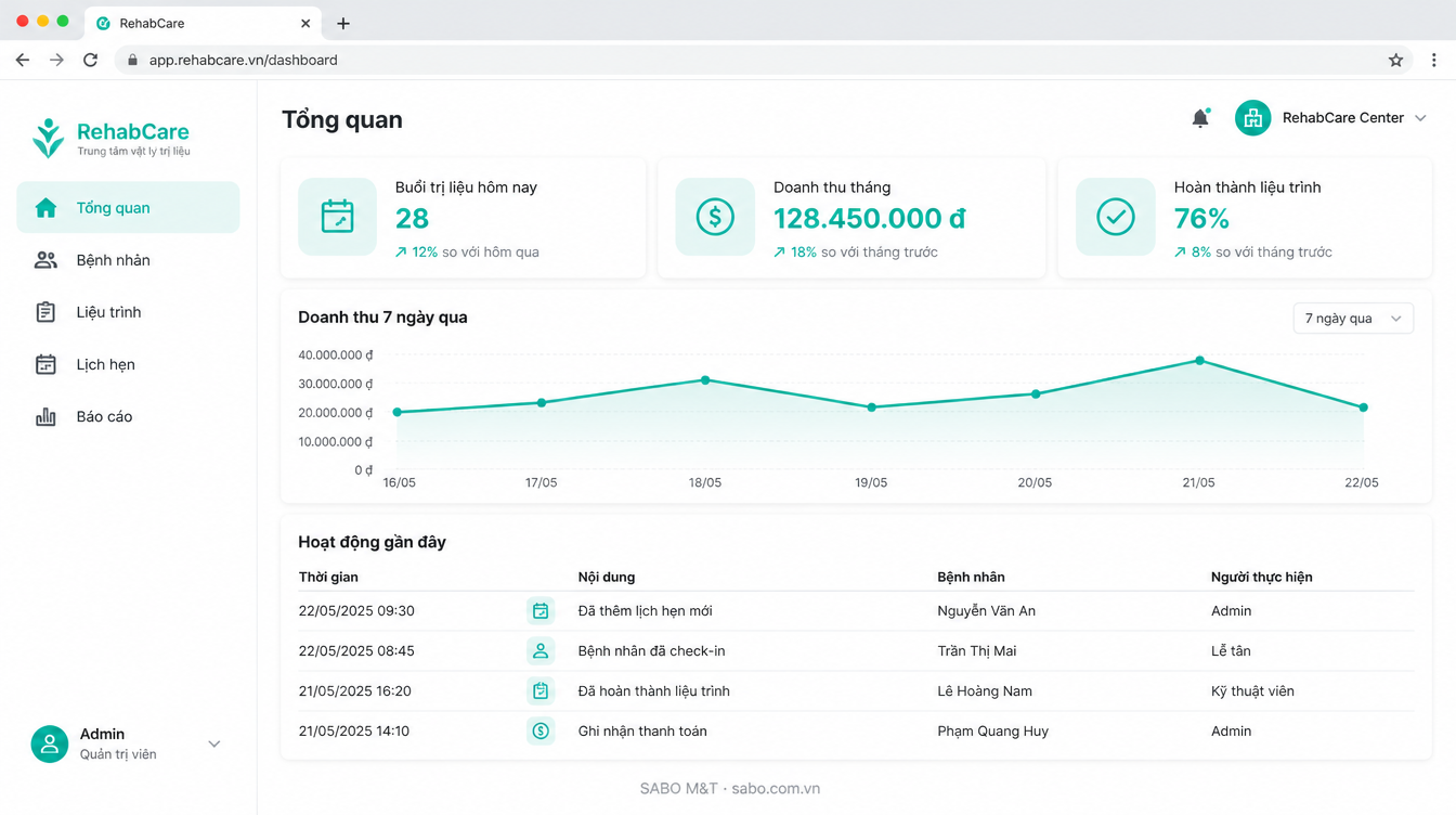Giao diện web trung tâm vật lý trị liệu — màn 6