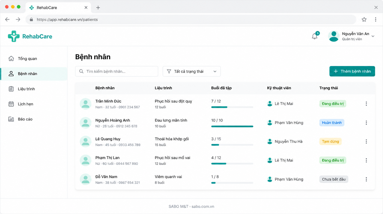 Giao diện web trung tâm vật lý trị liệu — màn 7
