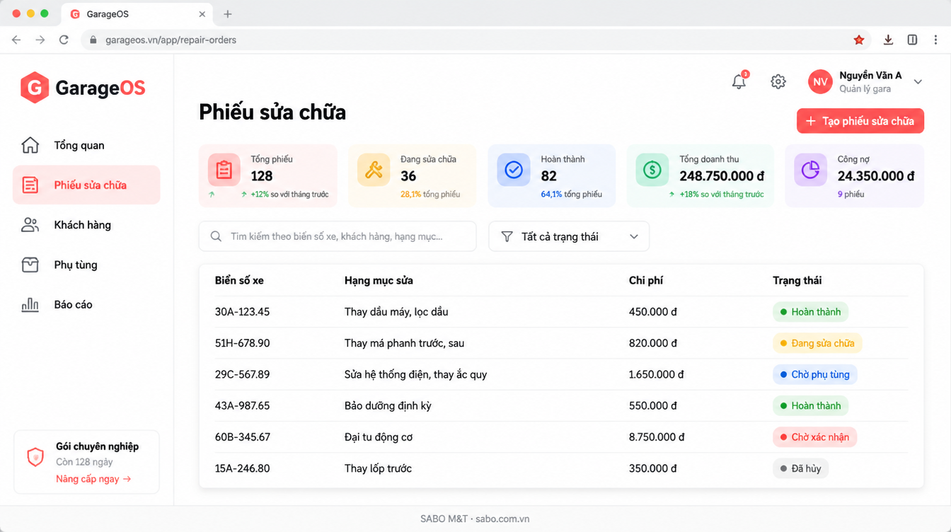 Giao diện web gara ô tô – sửa xe máy — màn 7