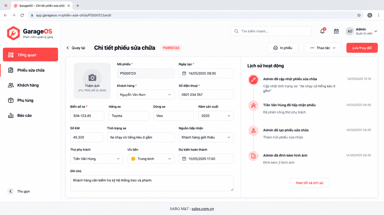 Giao diện web gara ô tô – sửa xe máy — màn 8