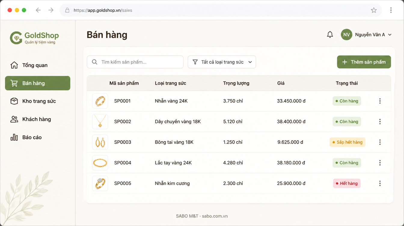 Giao diện web tiệm vàng bạc đá quý — màn 7