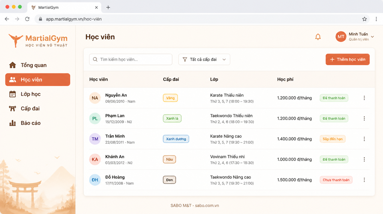 Giao diện web học viện võ thuật — màn 7