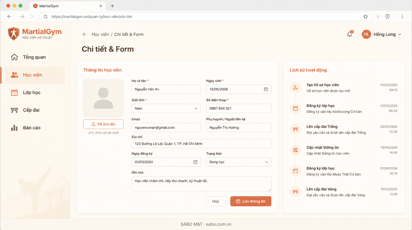 Giao diện web học viện võ thuật — màn 8