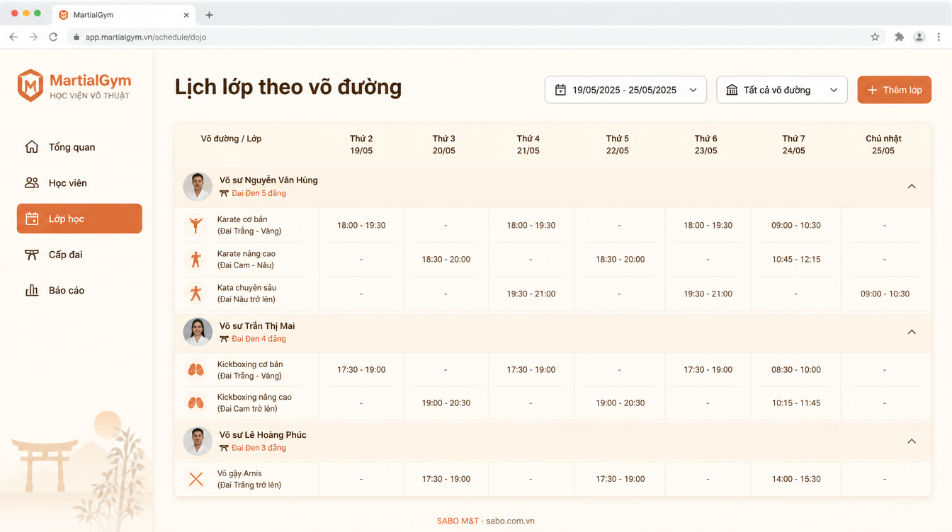 Giao diện web học viện võ thuật — màn 9