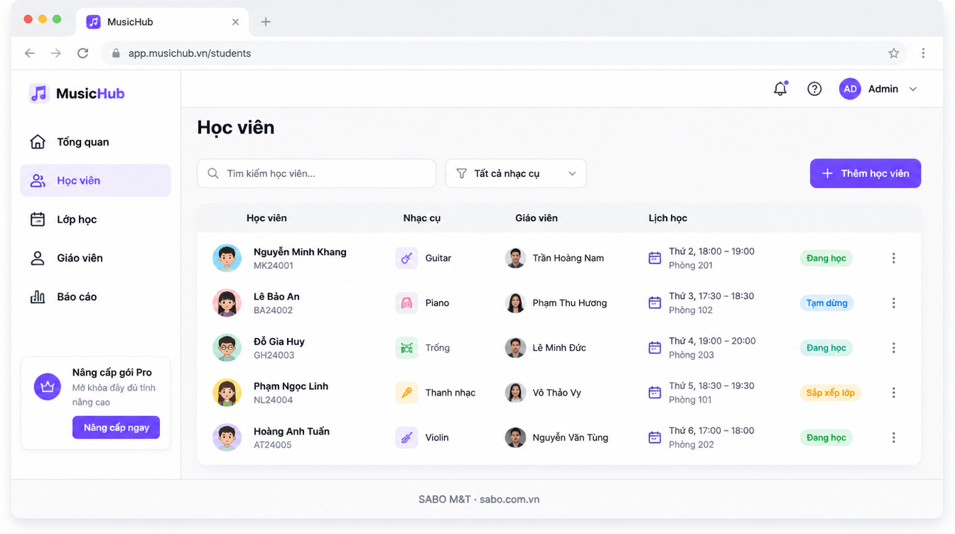 Giao diện web trung tâm âm nhạc — màn 7