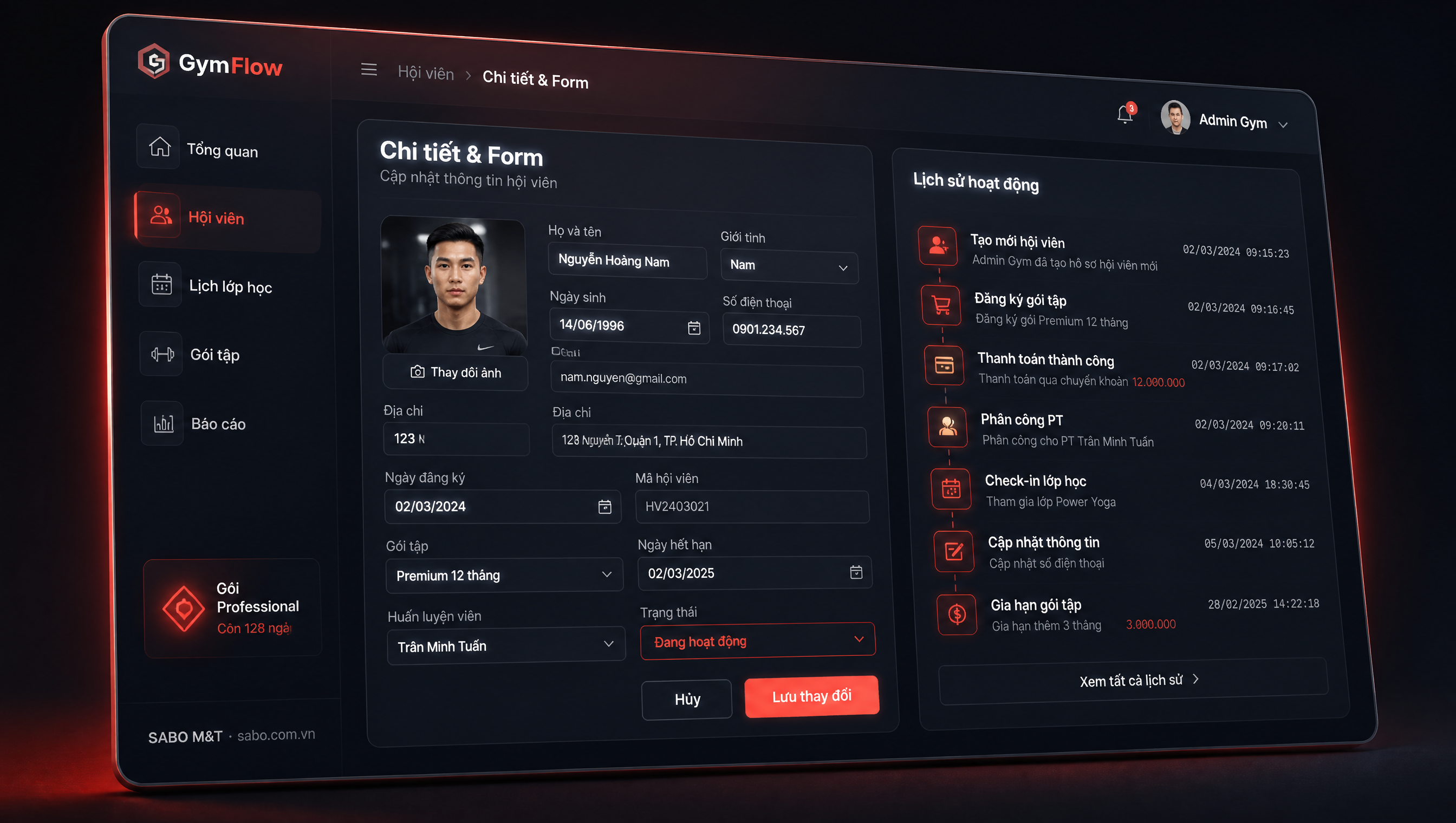 Giao diện web phòng gym — màn 3