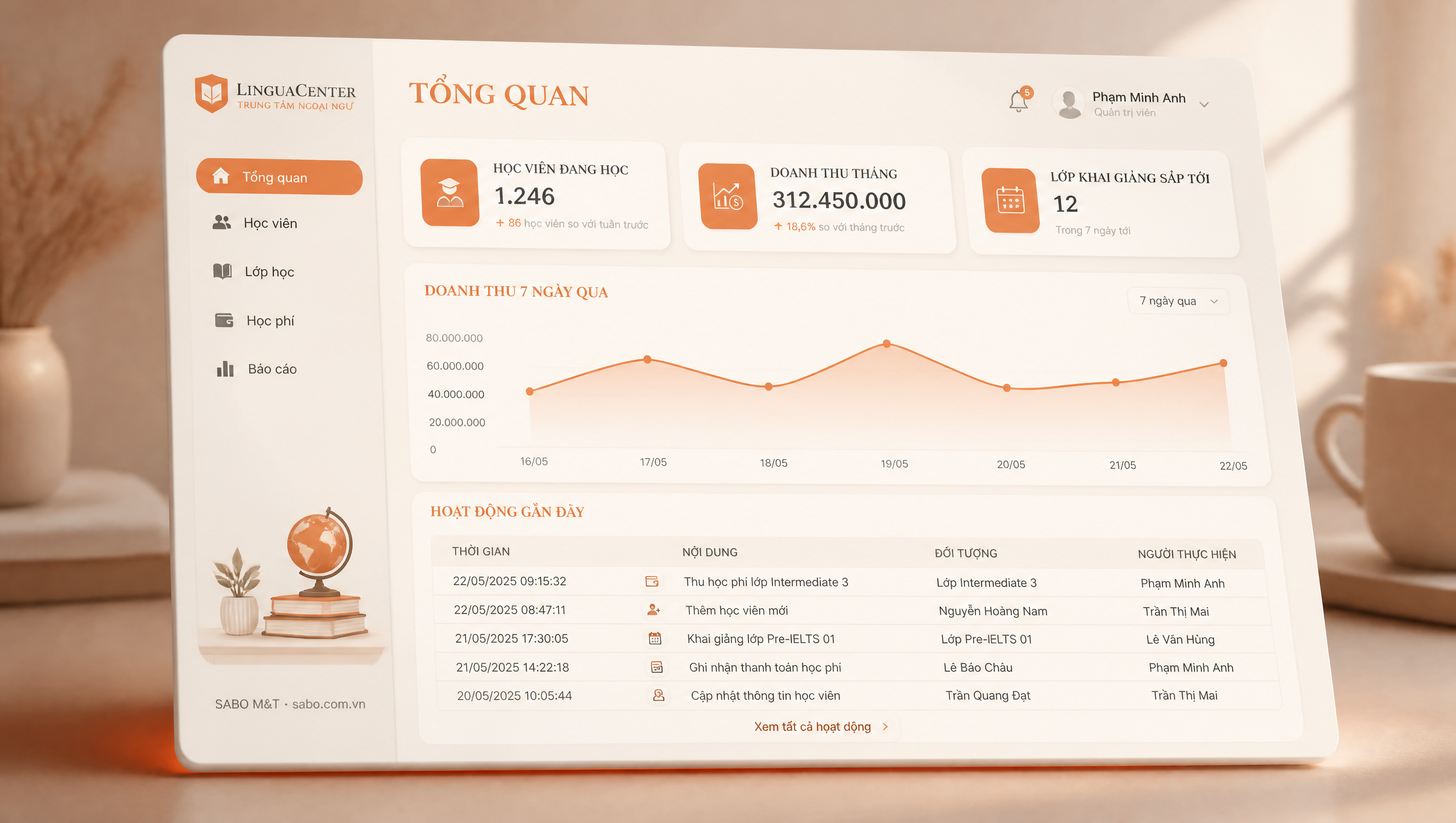 Giao diện phần mềm quản lý trung tâm ngoại ngữ