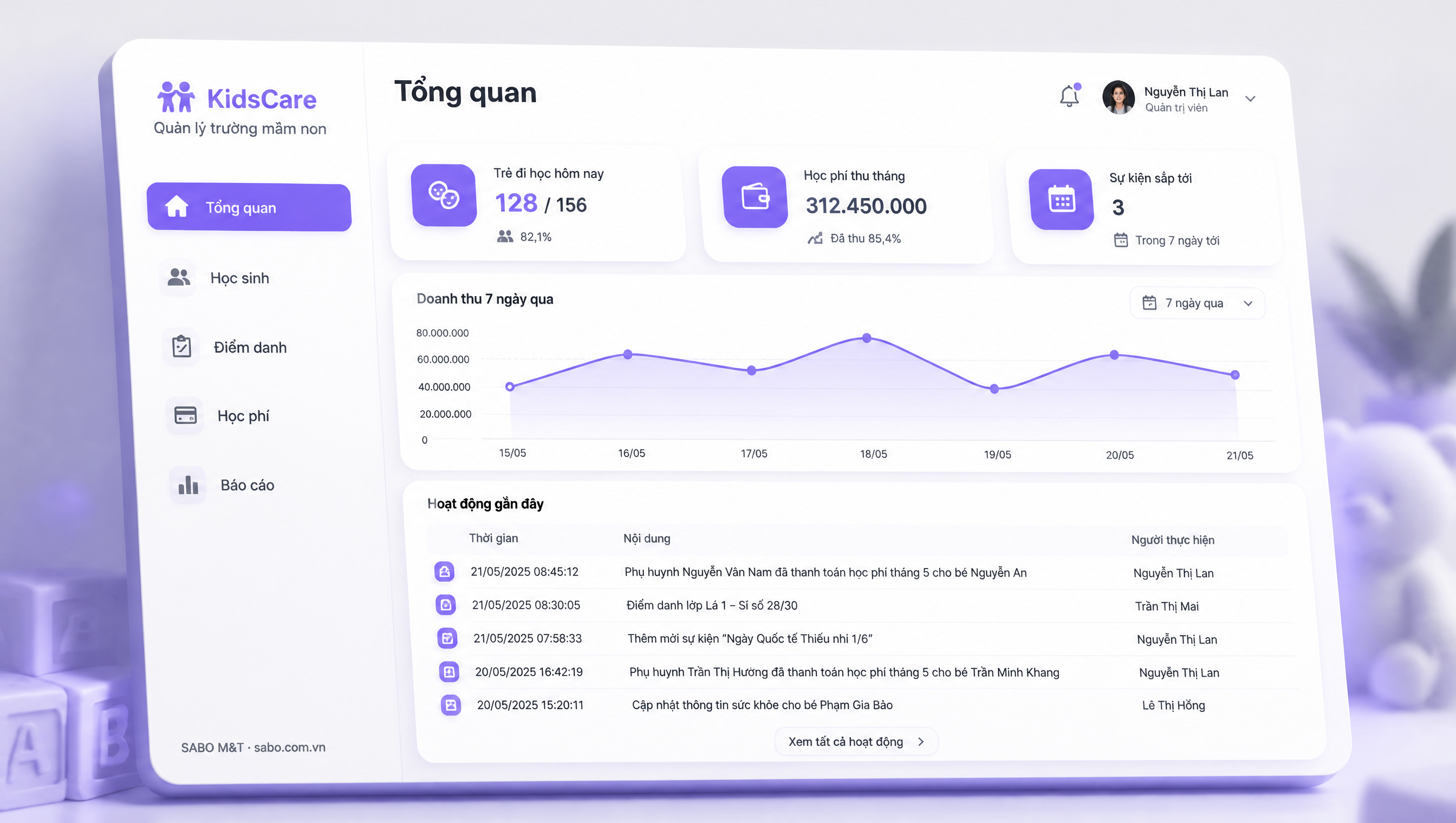Giao diện phần mềm quản lý trường mầm non