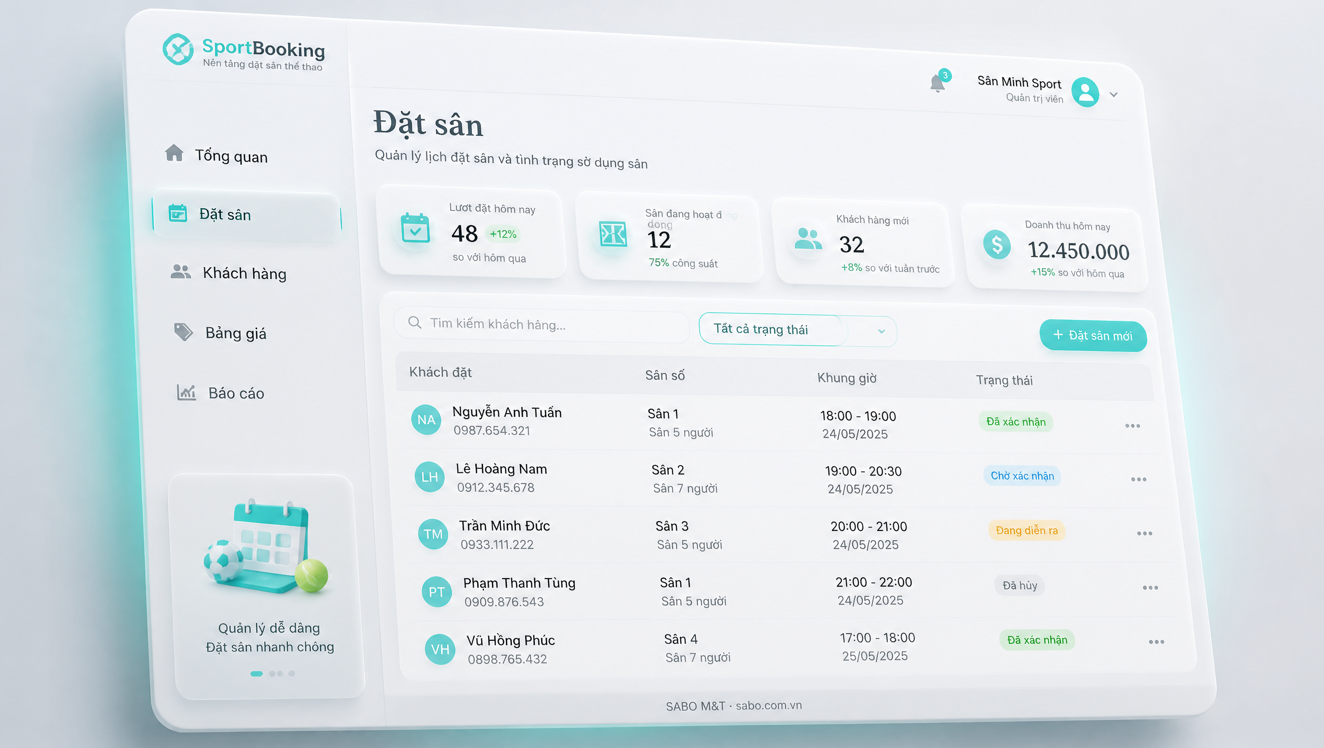 Giao diện web sân thể thao cho thuê — màn 2