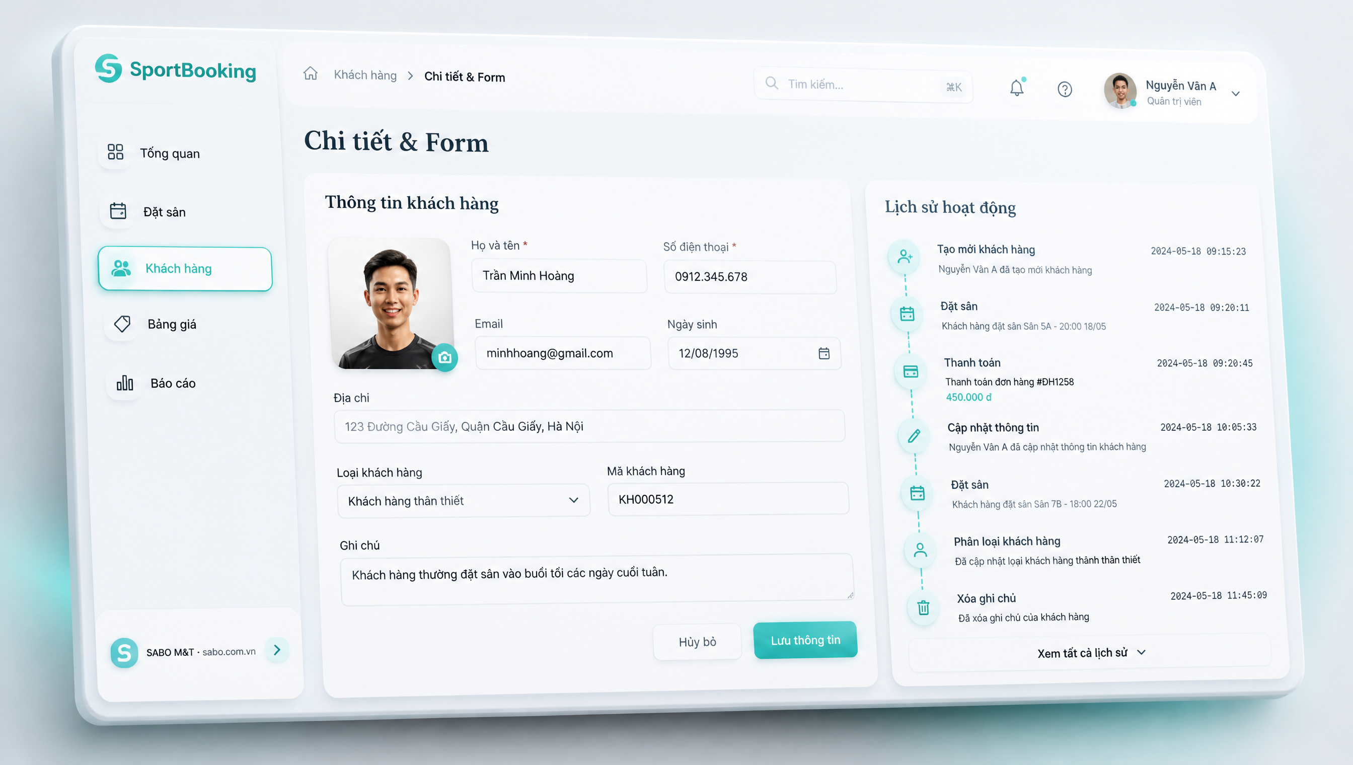 Giao diện web sân thể thao cho thuê — màn 3