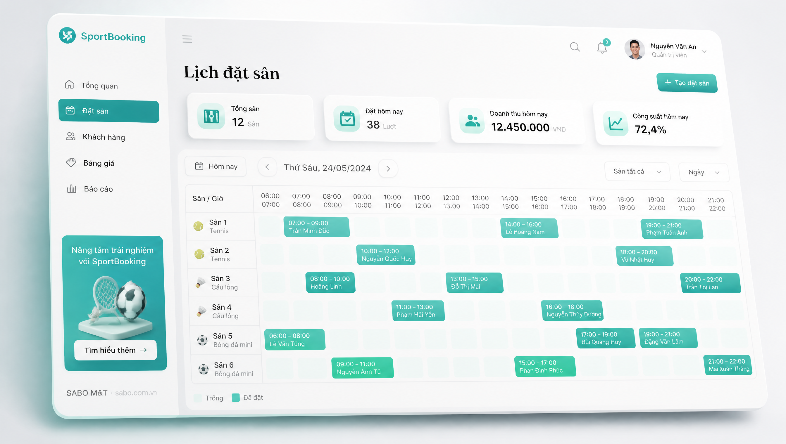 Giao diện web sân thể thao cho thuê — màn 4