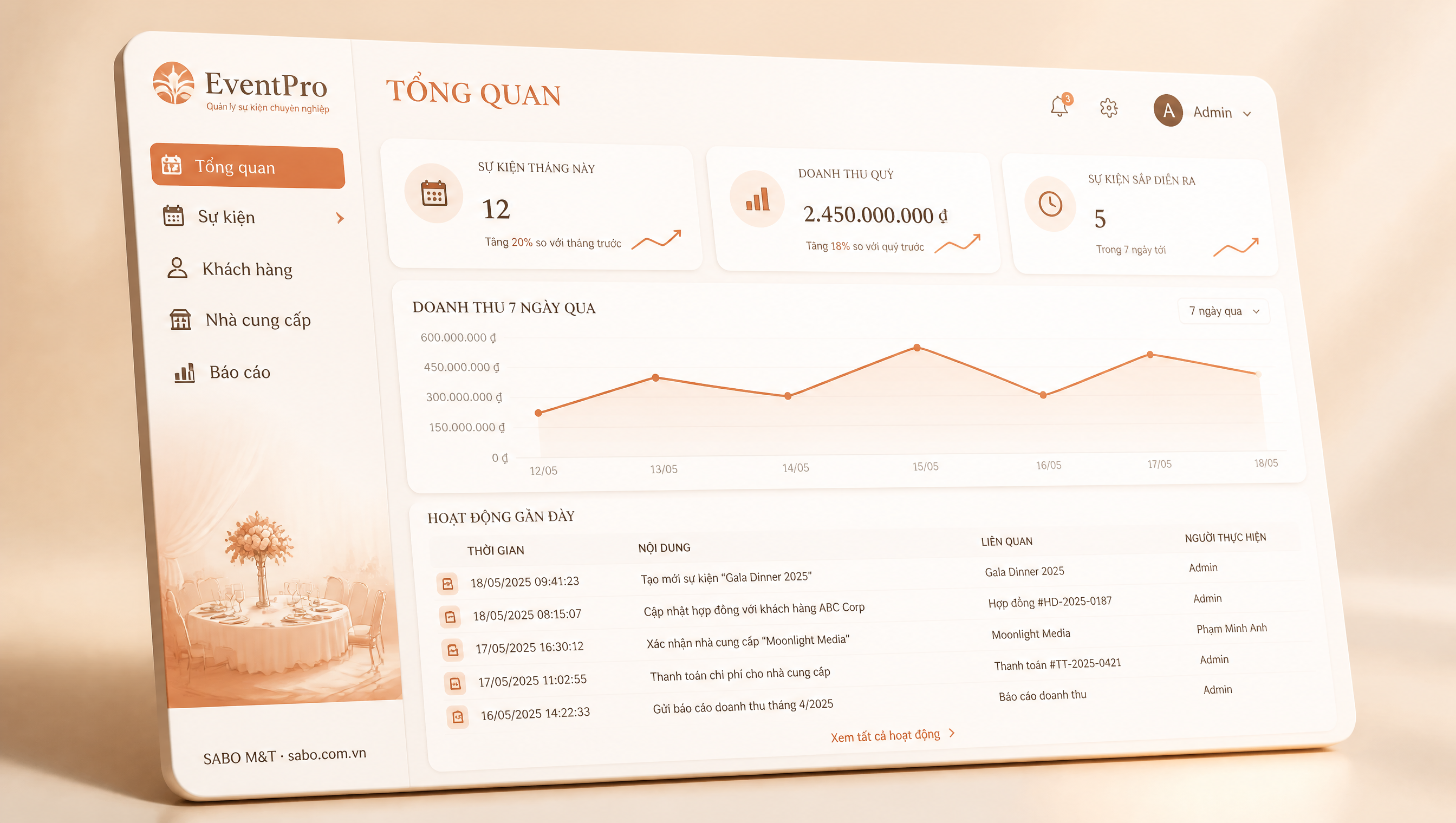 Giao diện phần mềm quản lý công ty tổ chức sự kiện