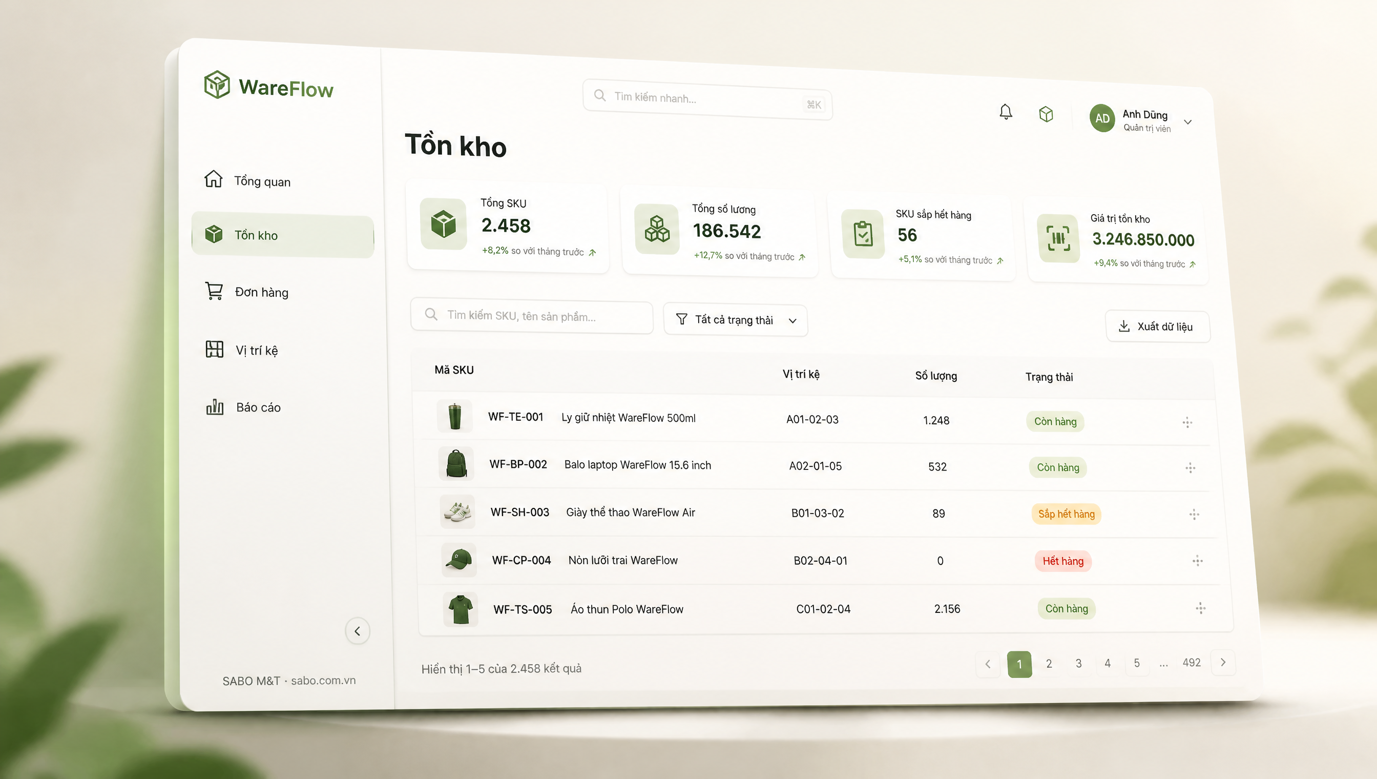Giao diện web kho hàng thương mại điện tử — màn 2