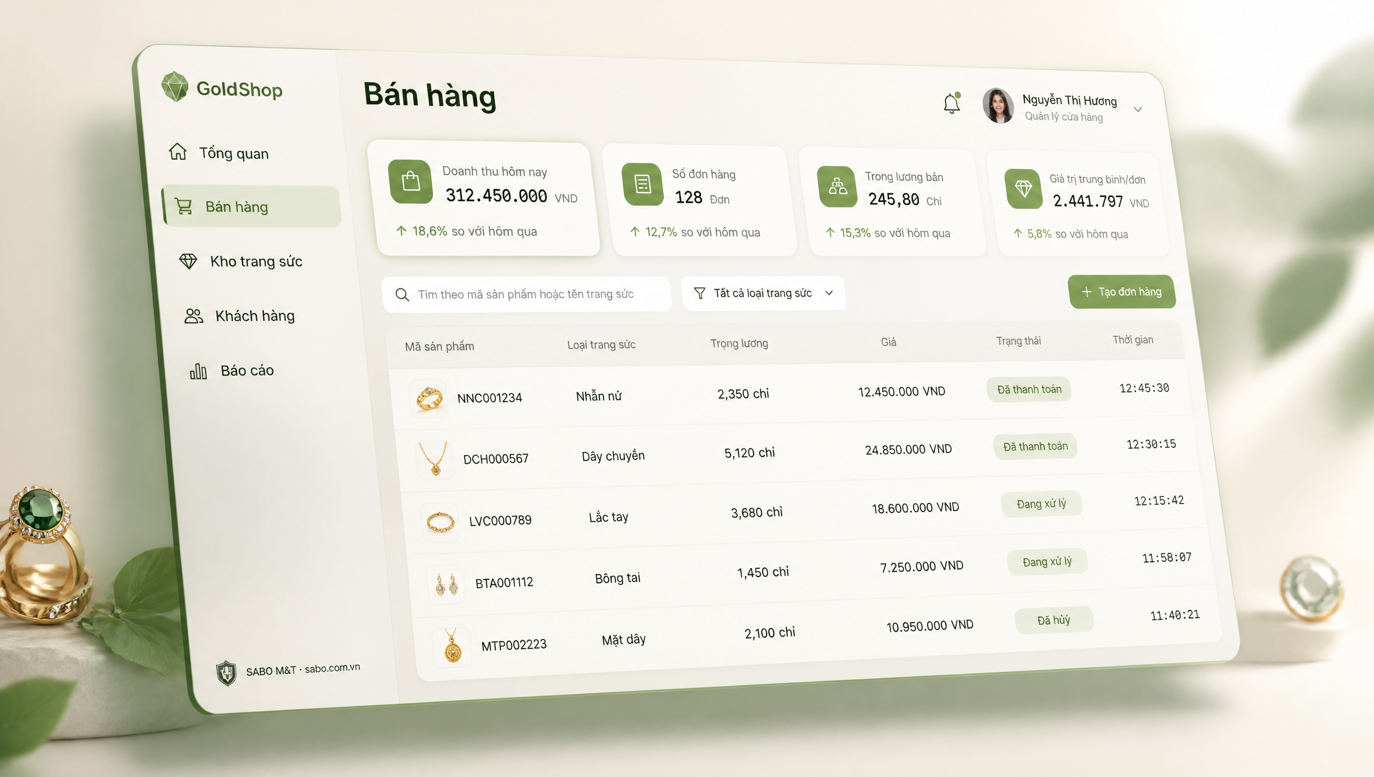 Giao diện web tiệm vàng bạc đá quý — màn 2