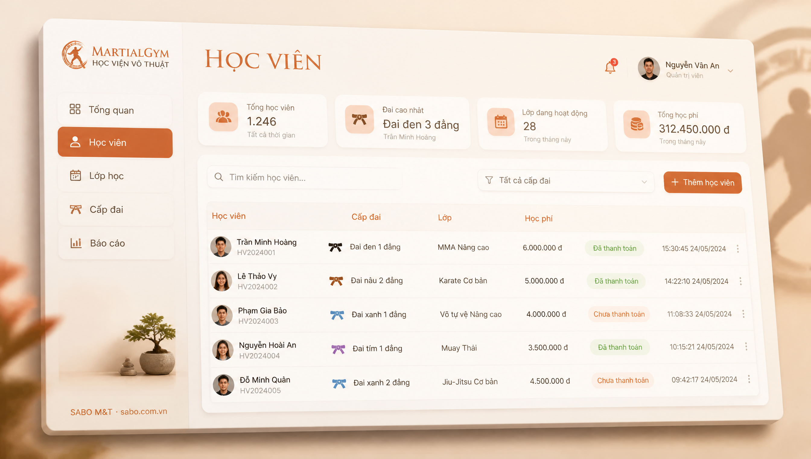 Giao diện web học viện võ thuật — màn 2