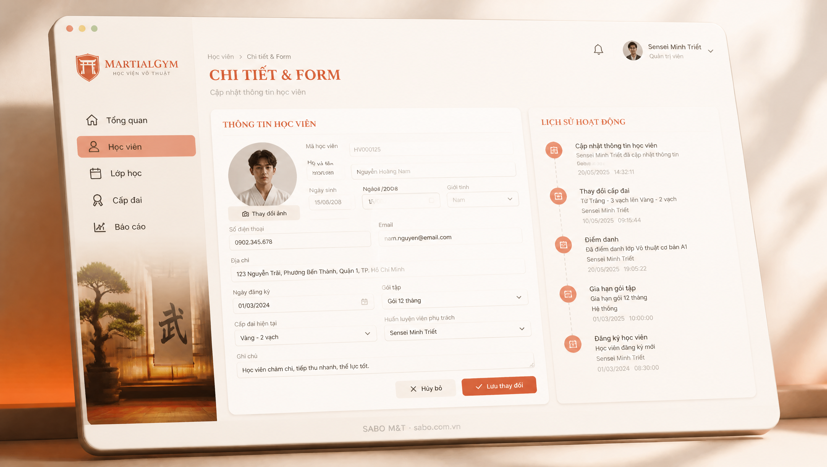 Giao diện web học viện võ thuật — màn 3