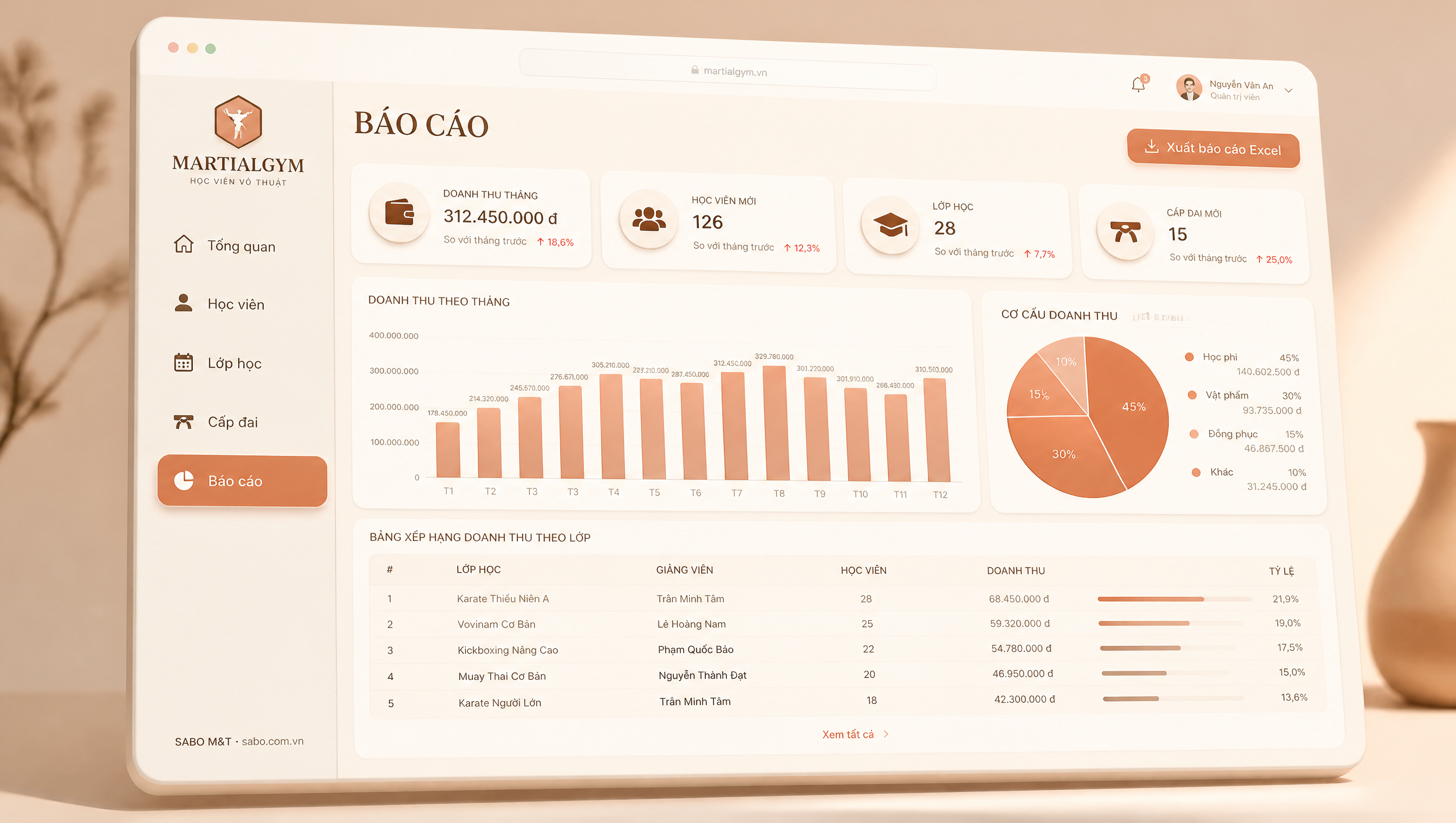 Giao diện web học viện võ thuật — màn 5