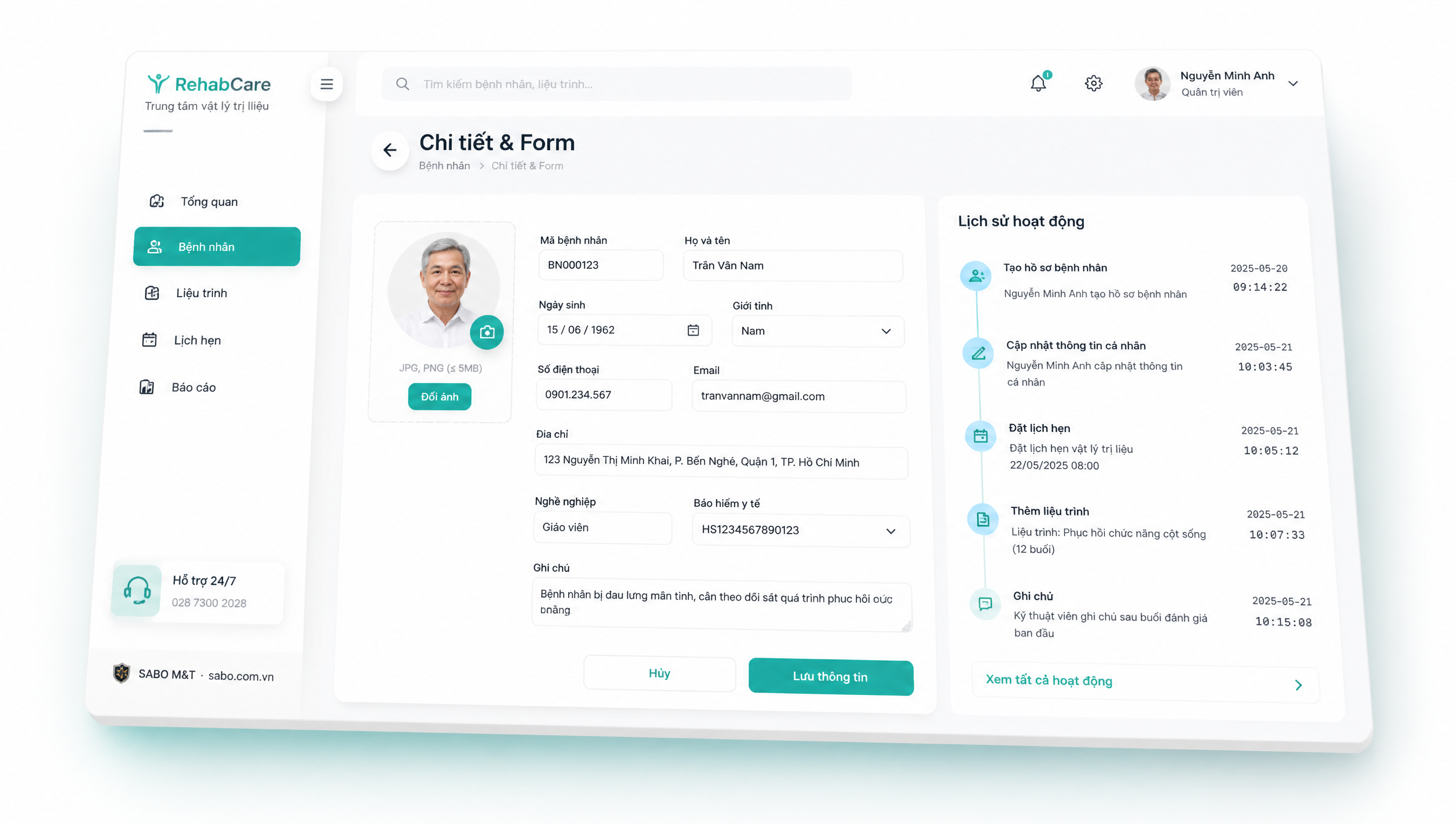 Giao diện web trung tâm vật lý trị liệu — màn 3