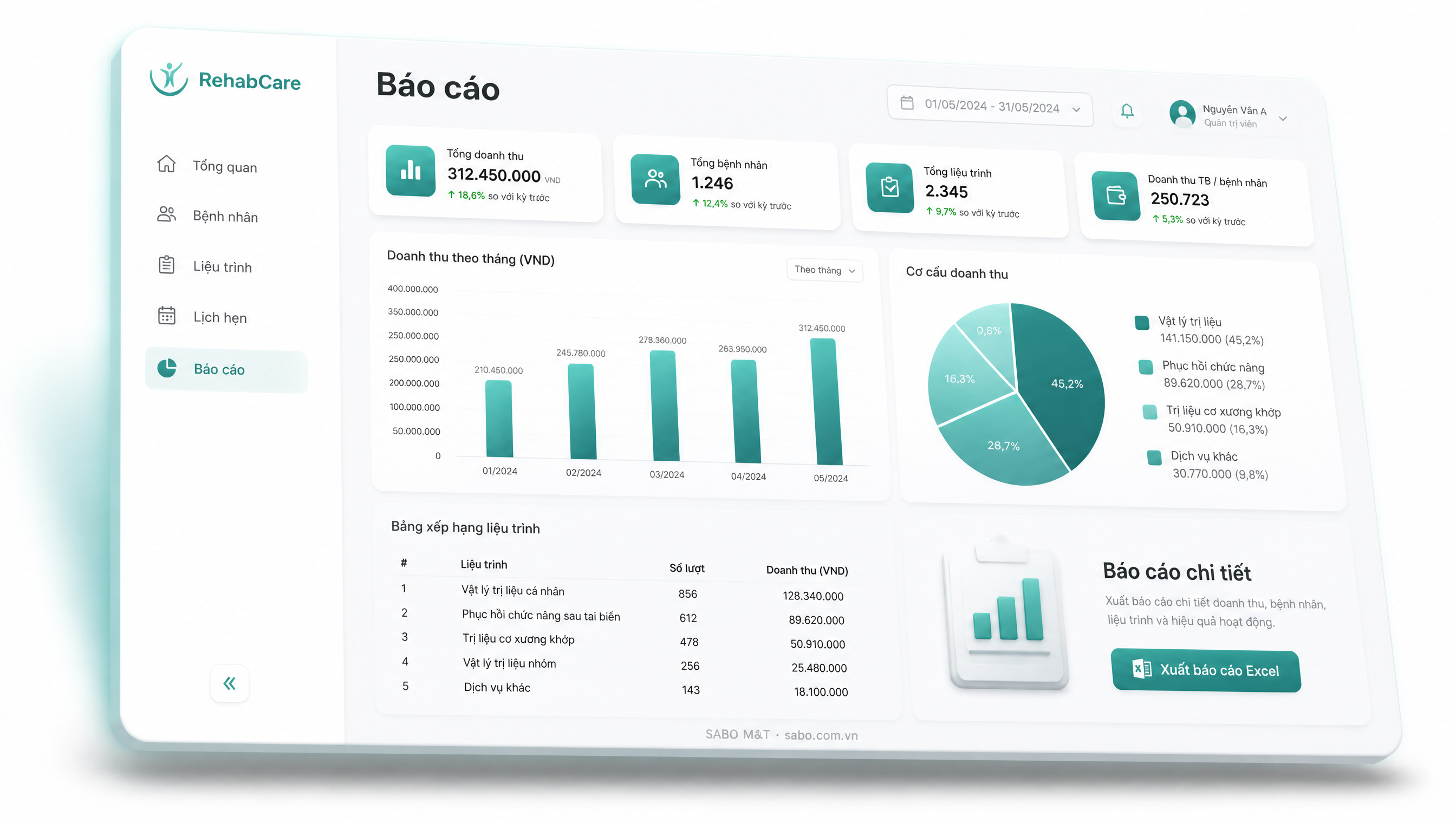 Giao diện web trung tâm vật lý trị liệu — màn 5