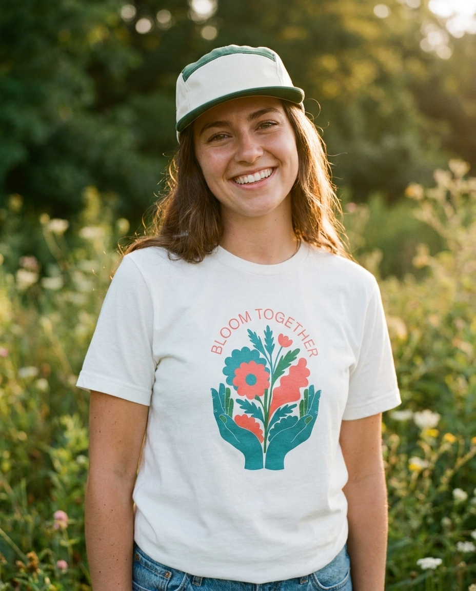 Woman wearing a Blooming Change tee and a 5-panel cap among wildflowers