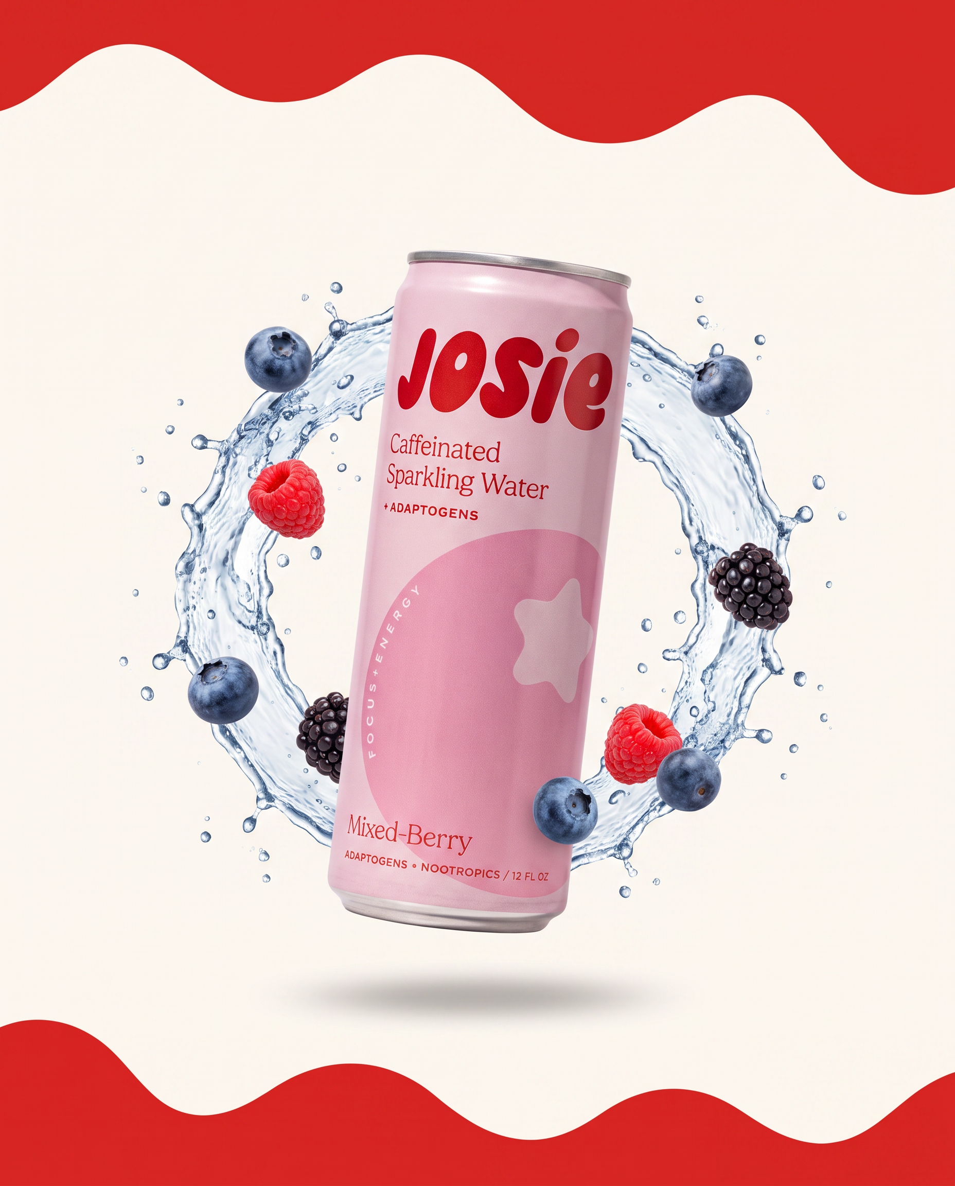 Josie Mixed Berry can floating in a ring of sparkling water and berries