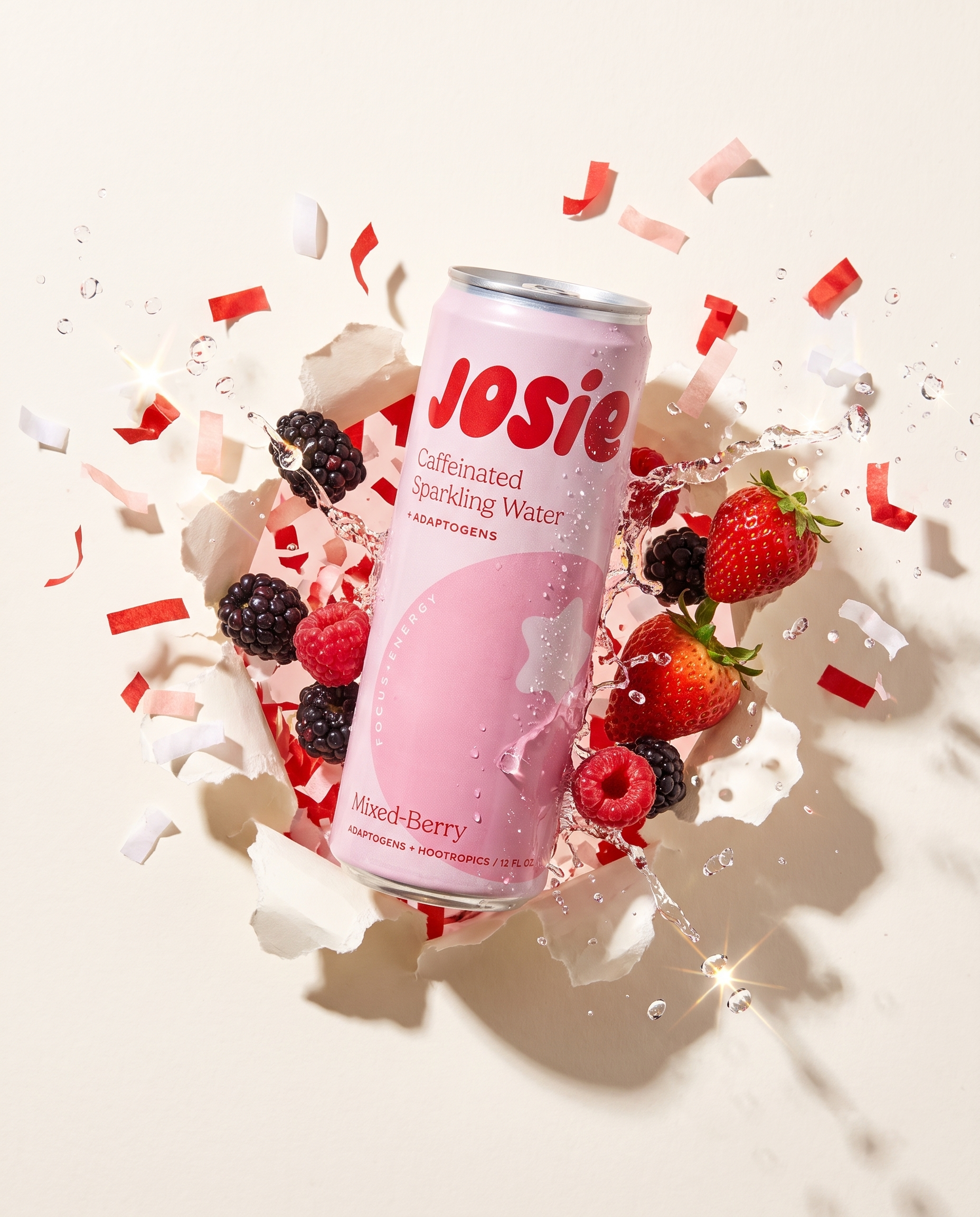 Josie can bursting through paper in a shower of red and pink confetti