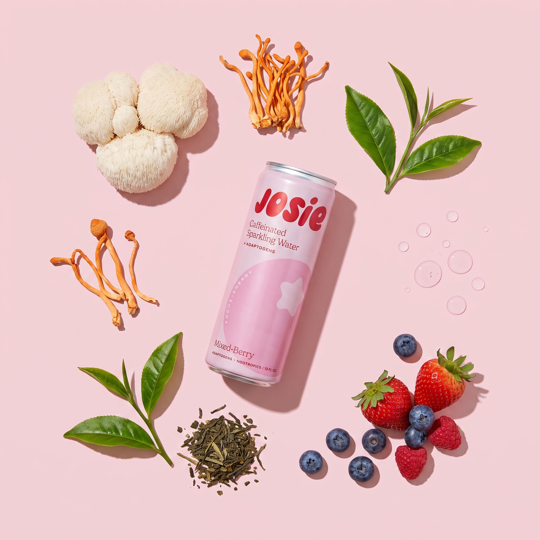 Josie can in a flat-lay surrounded by lion's mane mushroom, cordyceps, green tea leaves and berries