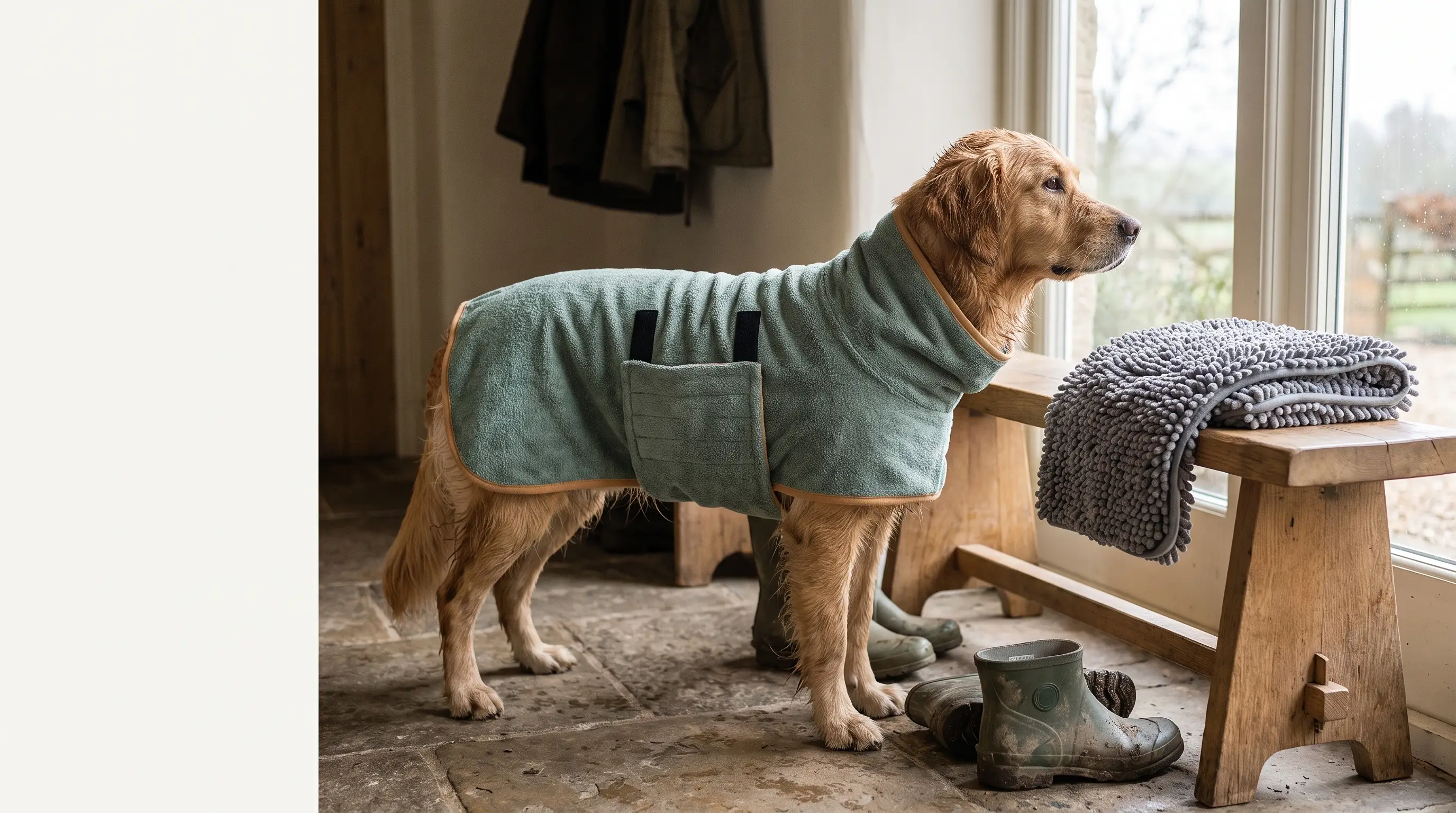 Dog wearing the Furside Manor drying coat in a British boot room