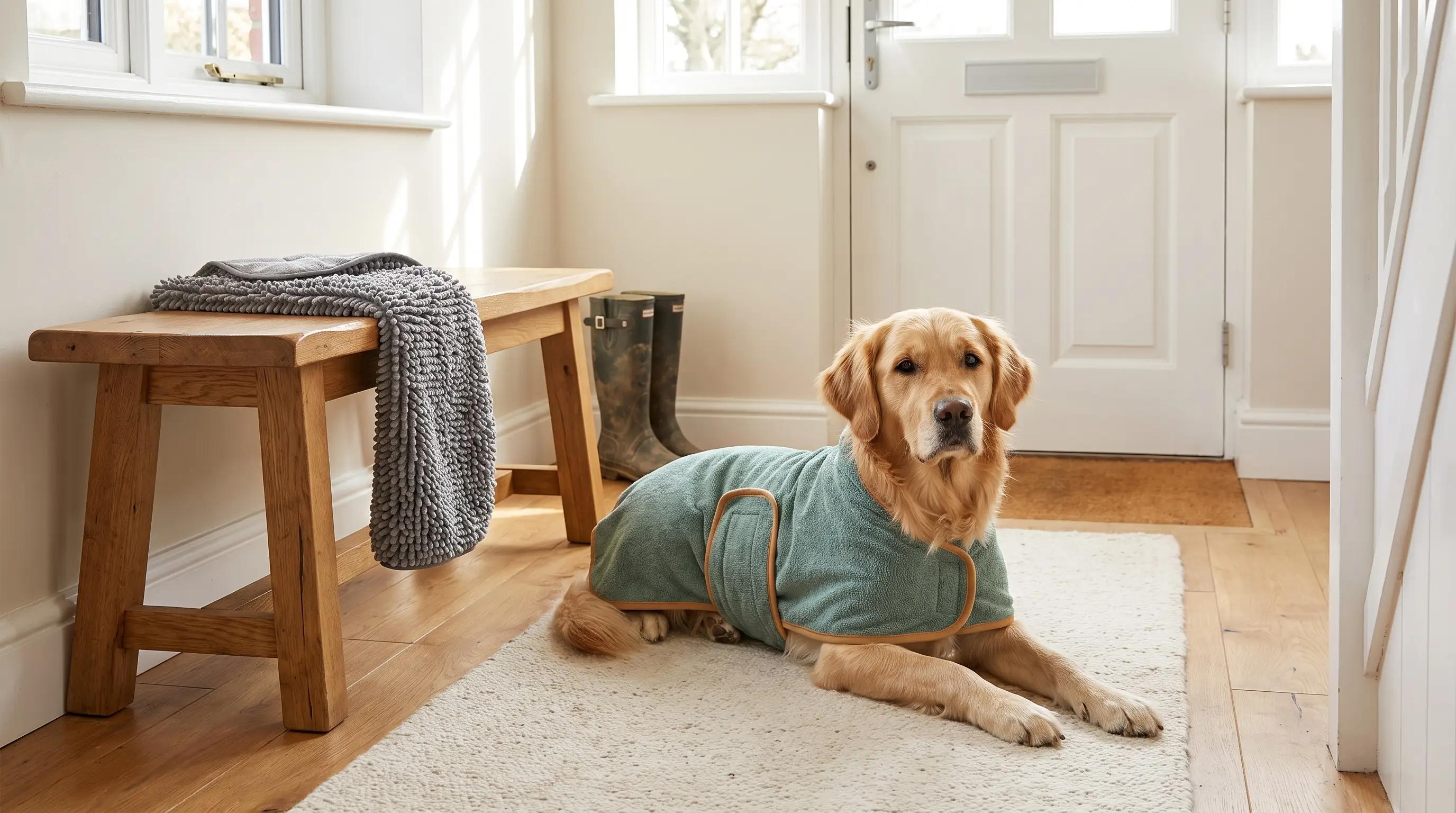 Dog relaxing after a wet walk in a warm British home