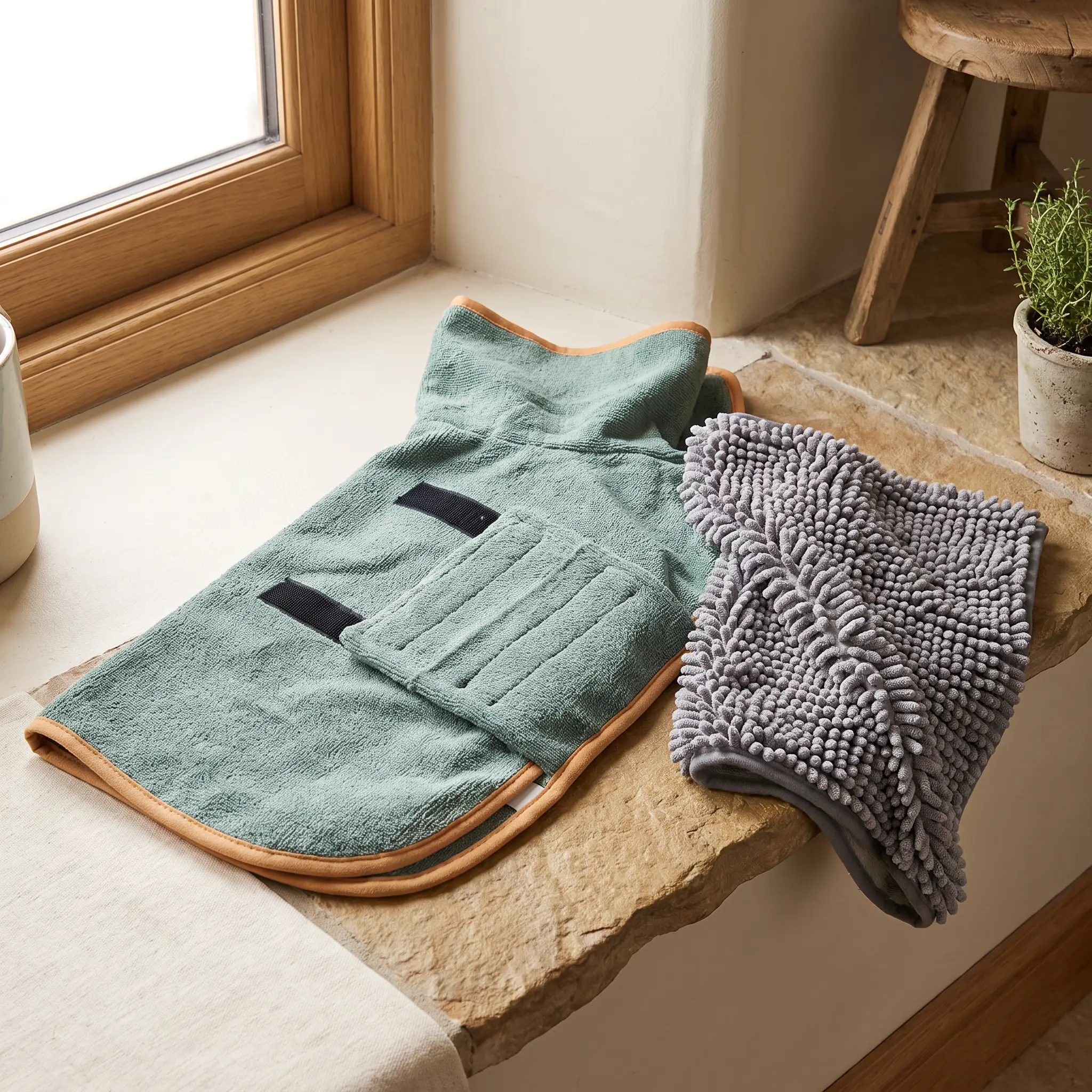 Post-Walk Drying Set coat and grey hand-pocket towel