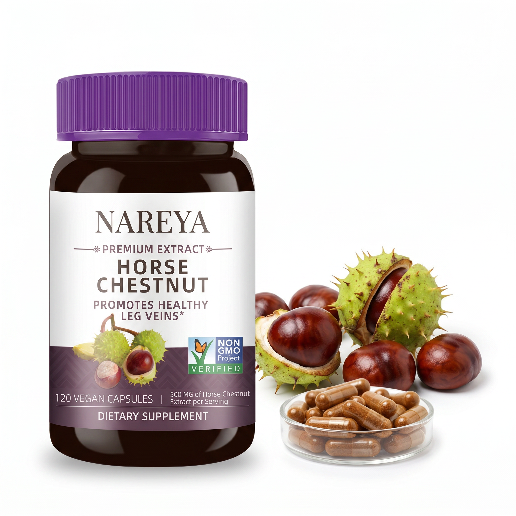 Nareya Horse Chestnut bottle with chestnuts and capsules