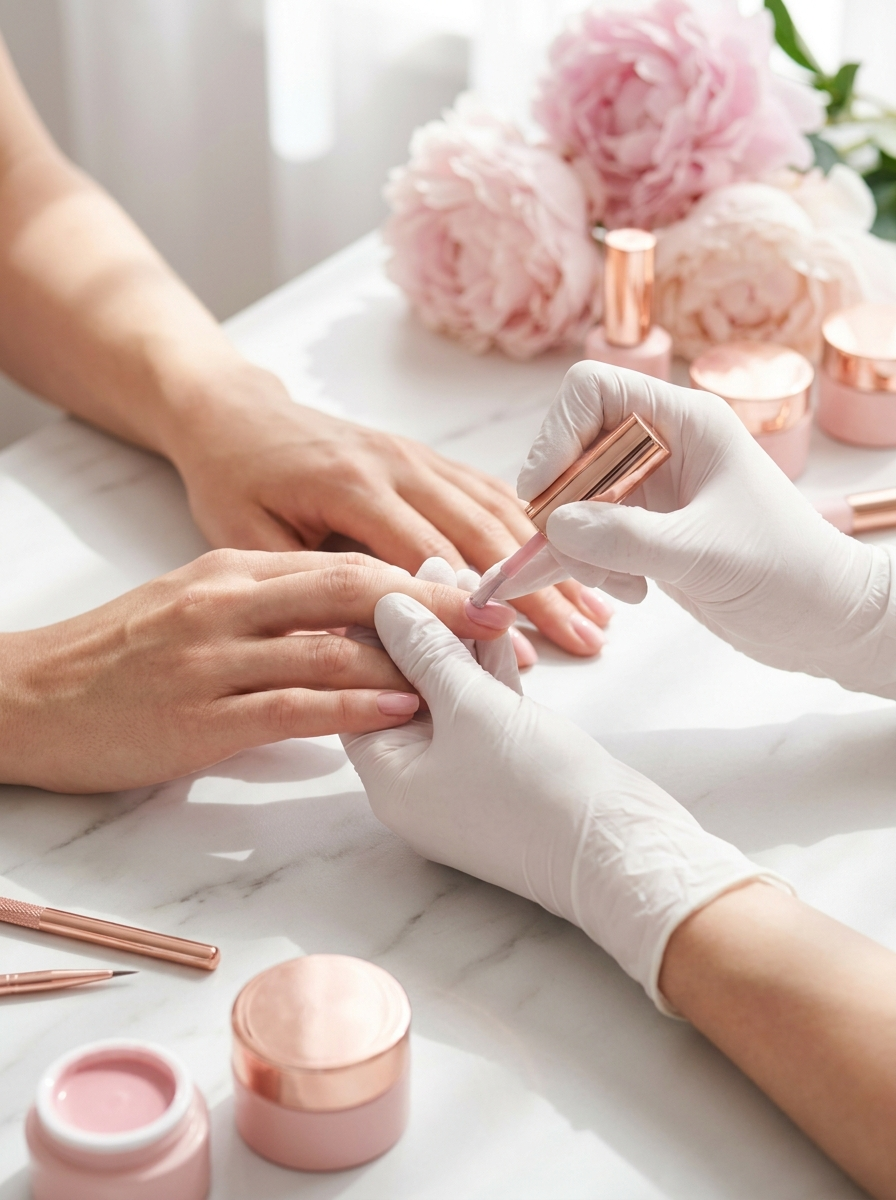 Nail technician applying gel and acrylic nails at nail salon