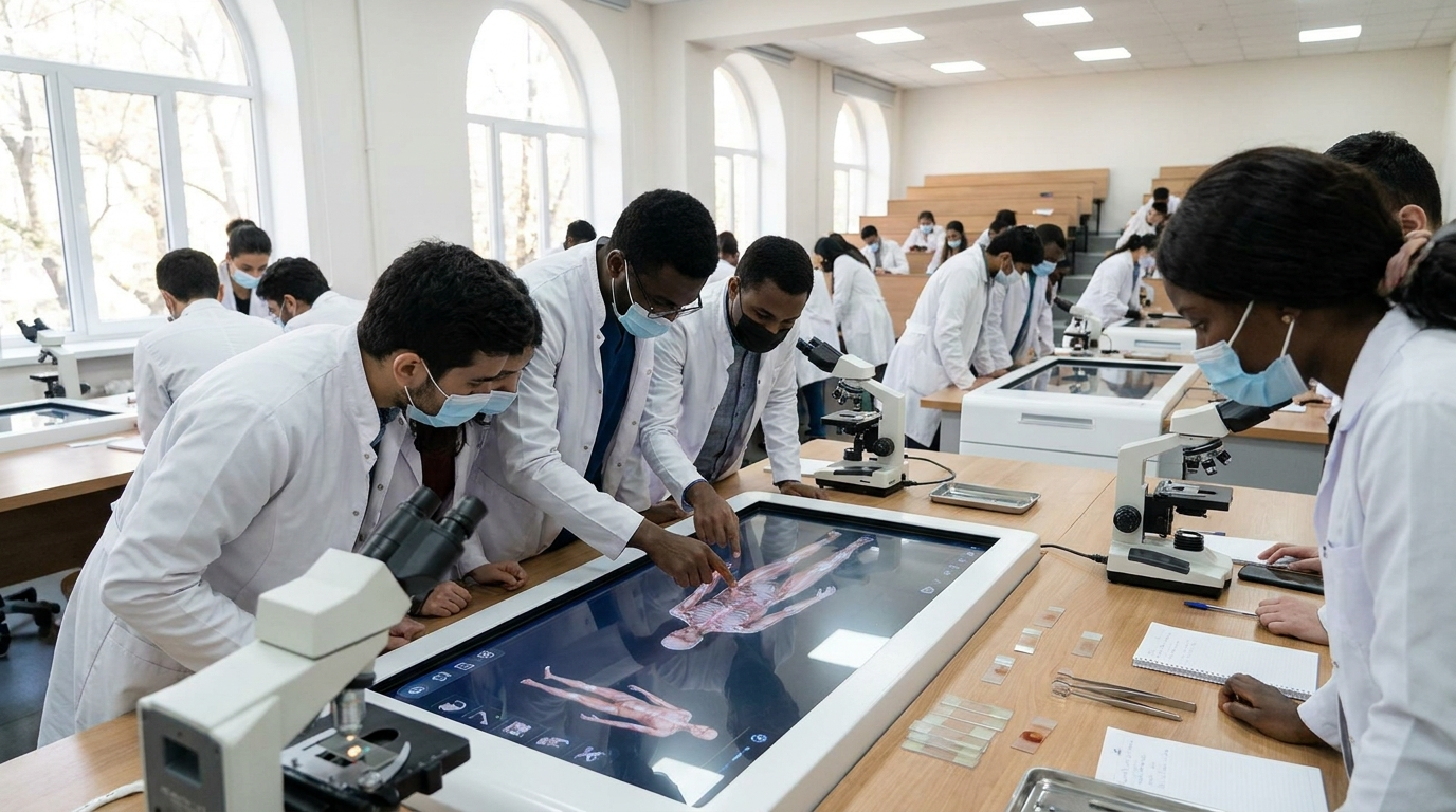 International medical students in white coats in an anatomy lab during an MD programme in Georgia